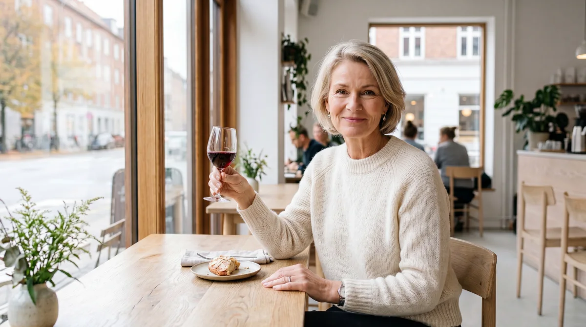 Kvinna på café med ett glas vin, som illustration till alkoholvanor och sug