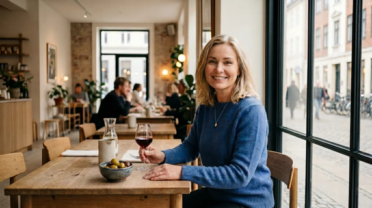 Kvinna på café med ett glas vin, som illustration till att minska alkoholvanor