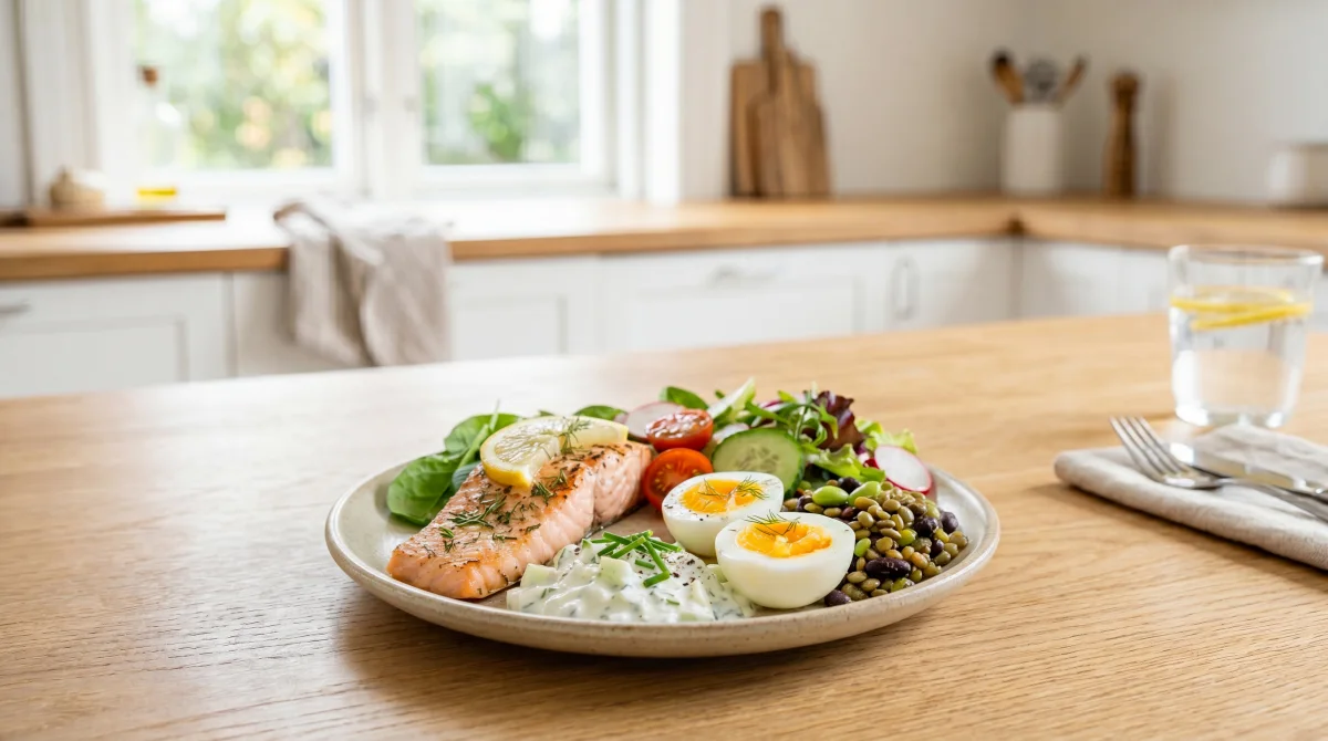 Proteinrik måltid med lax, ägg, baljväxter och grönsaker