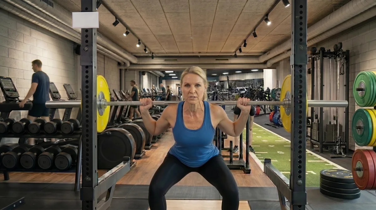 Kvinna som gör knäböj med skivstång på gym